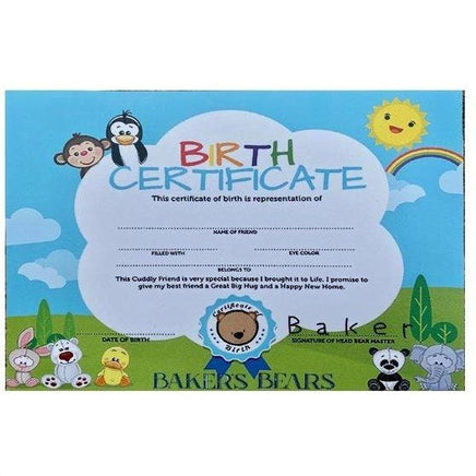 Plush birth certificate card with blanks for name, owner and date of birth