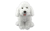 Front view of the white poodle plush with curly fur, floppy ears and pink tongue