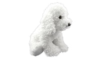 Side view of the white curly poodle plush showing its long floppy ears