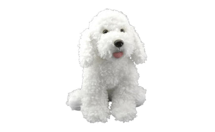 White poodle plush dog sitting upright with a pink tongue
