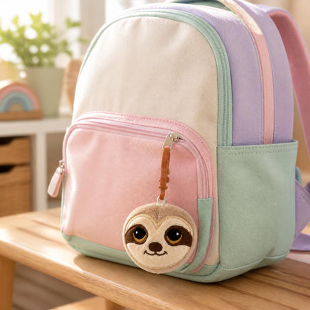 Sloth plush bag clip hanging from the zipper of a pastel kids backpack
