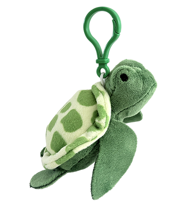 Sea turtle plush bag clip, angled view