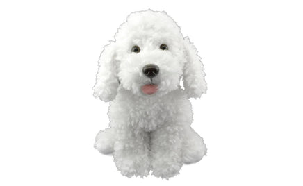 Front view of the weighted white poodle plush with curly fur, floppy ears and pink tongue
