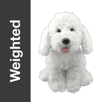 Weighted white poodle plush, 16 inch calming sensory stuffed dog with curly fur, labeled Weighted