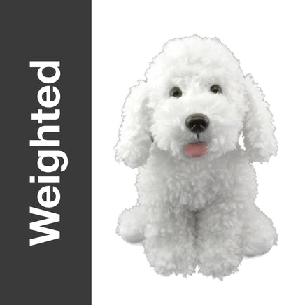 Weighted white poodle plush, 16 inch calming sensory stuffed dog with curly fur, labeled Weighted