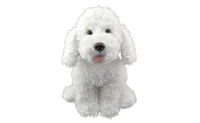 White poodle stuffed animal, 16 inch plush with curly fur, floppy ears and pink tongue, front view