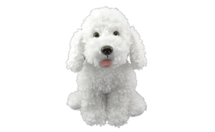 White poodle stuffed animal, 16 inch plush with curly fur, floppy ears and pink tongue, front view