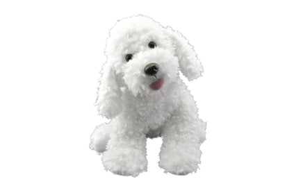 Fluffy white poodle plush tilting its head, angled view of the 16 inch build your own stuffed animal