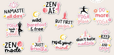 YOGA 12 Piece Waterproof STICKER PACK for Laptops, Water Bottles, Notebooks, Journals and more